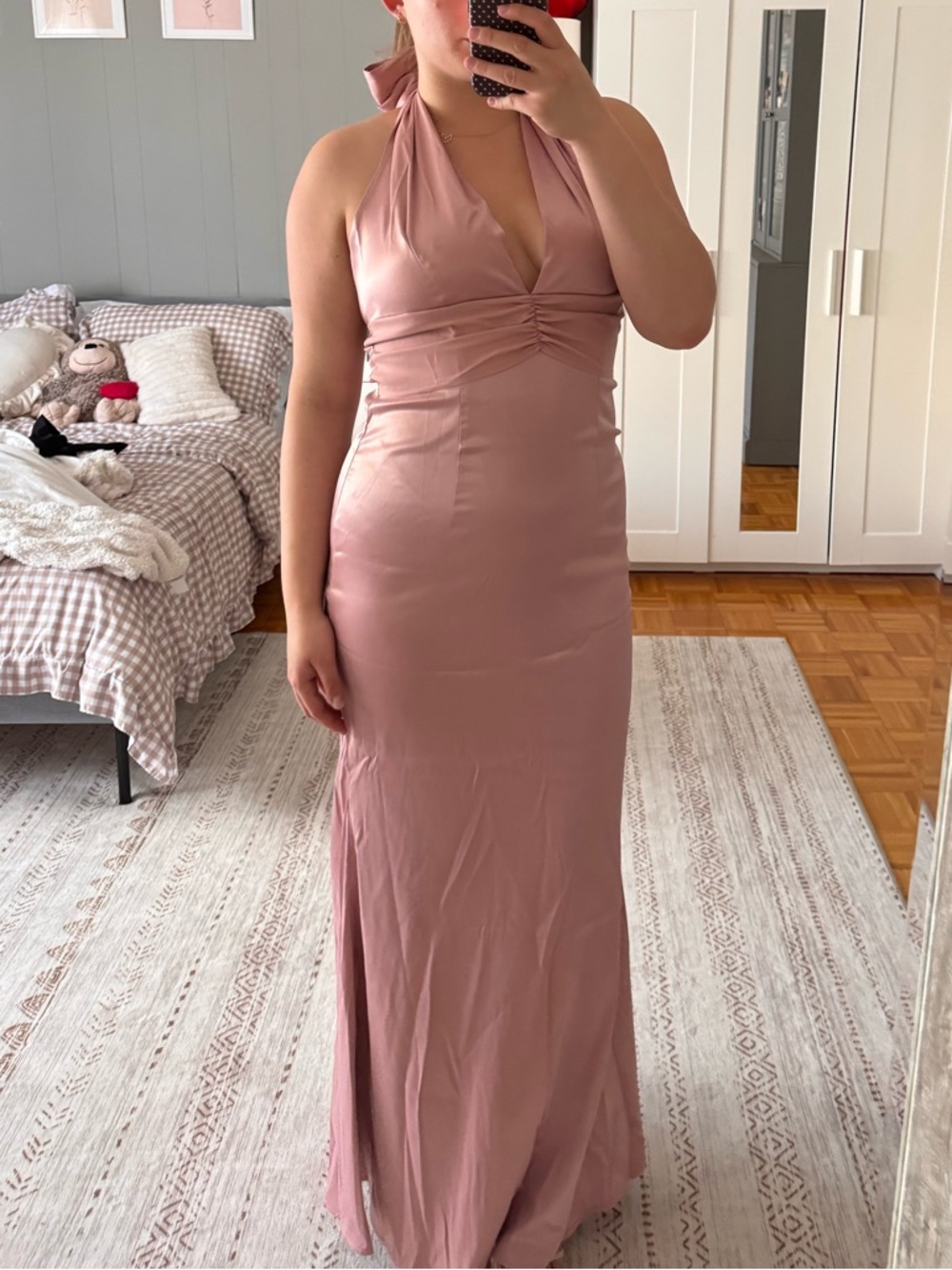 Toasted Mauve satin maxi dress with deep v halter neck tie detail